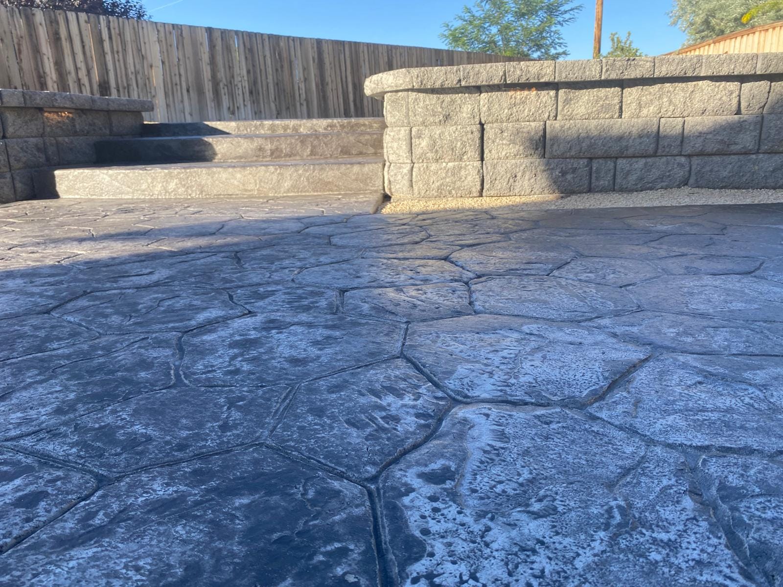 Stamped concrete steps retaining wall